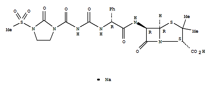 美洛西林鈉; 3,3-二甲基-6-[(R)-2-[3-(甲磺酰)-2-氧代-1-咪唑烷甲酰氨基]-2-苯乙酰氨基]-7-氧代-4-硫雜-1-氮雜雙環[3.2.0]-庚烷-2-甲酸鈉